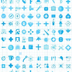 Aufkleber - This image features a seamless pattern of blue icons on a white grid paper background. The icons depict a variety of shapes and symbols, including crosses, hearts, arrows, and geometric figures. The l