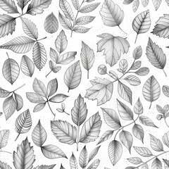 Poster - This image is a seamless pattern of various leaf shapes, sketched in pencil on a white background. The leaves are drawn in a realistic style, with subtle shading and detailing. The pattern is perfect 