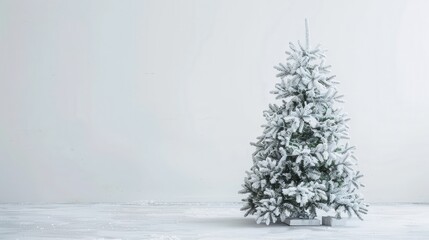 Poster - A snow-covered Christmas tree stands against a white wall in a minimalist room. The tree is decorated with a white, faux snow coating, creating a festive yet simple winter scene. The light wood floor 