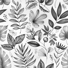 Poster - This is a digital illustration of a seamless pattern featuring a variety of tropical plants and leaves drawn in black and white pencil. The drawing is detailed and intricate, showcasing the beauty of 