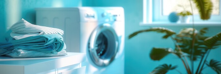 Poster - A stack of freshly laundered clothes sits neatly folded on a countertop in a bright bathroom. The washing machine is visible in the background, adding to the images domestic feel. Generative AI