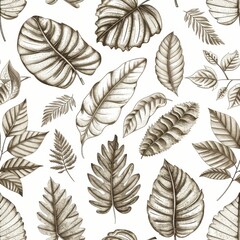 Poster - This image is a hand-drawn illustration of various leaf shapes in sepia tones. The illustration features a variety of leaves, including broad leaves, narrow leaves, and fern-like leaves. The leaves ar