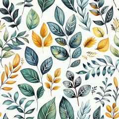 Leinwandbilder - A watercolor illustration featuring a seamless pattern of green and yellow leaves on a white background. The leaves are drawn in a realistic style, with a variety of shapes and sizes. The overall effe