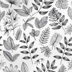 Poster - This image depicts a hand-drawn, black and white pattern featuring various leaf and flower shapes. The pattern is created with fine lines, creating a detailed and intricate aesthetic. The background i
