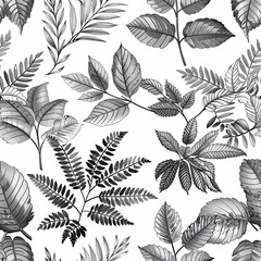Poster - A seamless pattern featuring a variety of leaves in a black and white watercolor style. The pattern includes ferns, branches, and other leaves in a repeating design.