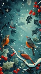 Poster - This illustration depicts three birds perched on holly branches in a snowy forest setting. The birds are brightly colored, with blue, orange, and red hues, and their plumage is detailed with intricate