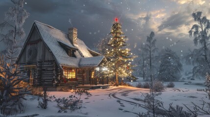 Poster - A cozy log cabin sits nestled in the snow-covered forest. The cabin is adorned with warm yellow lights, and a large, decorated Christmas tree stands proudly beside it, illuminating the snowy ground. T