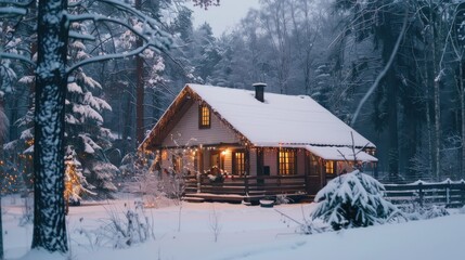 Poster - A charming cabin nestled amidst a snowy forest is illuminated by warm Christmas lights. The snow-covered trees and roof of the cabin create a picturesque winter scene. The glow of the lights inside th