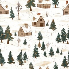 Poster - A whimsical illustration depicting a snowy winter landscape with cozy cabins nestled amongst evergreen trees. The image features a white background with brown and green accents, creating a warm and in