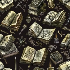Aufkleber - A seamless pattern featuring open books with illustrated pages filled with geometric shapes, symbols, and botanical illustrations. The books are surrounded by candles, skulls, and other mystical symbo