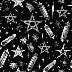 Poster - A seamless pattern design featuring white pen and ink illustrations of pentacles, crystals, and stars on a black background. The design is perfect for use in textiles, home decor, and other creative p