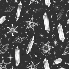 Poster - This image features a seamless pattern on a black background. The pattern is made up of white crystals, stars, and other geometric shapes. It is a classic, elegant design that would be perfect for a v