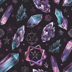 Poster - A seamless pattern featuring a watercolor illustration of various purple and blue crystals against a black background with scattered stars. The design incorporates geometric shapes and stylized repres