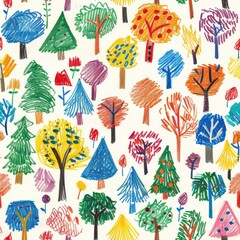 Poster - A colorful pattern of hand-drawn trees on a white background. The trees are drawn in a variety of styles and colors, creating a whimsical and charming effect. The pattern is perfect for use in a varie