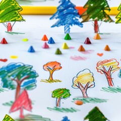 Aufkleber - A close-up shot of a white piece of paper covered in crayon drawings of trees. The trees are drawn in various shades of green, blue, red, and yellow. Scattered amongst the drawings are colorful crayon