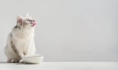 Sticker - White background, white floor, side view of an LaPerm cat sitting at the edge of the photo on the ground, licking his lips and looking up, minimalist style in front of him there is a cat bowl