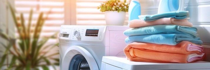 Poster - A stack of neatly folded clean laundry rests on a countertop next to a white washing machine. Generative AI