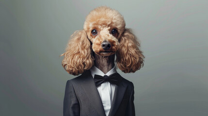 Wall Mural - A poodle dressed in a tailored suit and bowtie strikes a charming pose against a neutral background.