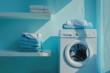 Poster - A white washing machine is situated in a laundry room. On a shelf above the machine, there are neatly folded white and blue clothes. Generative AI