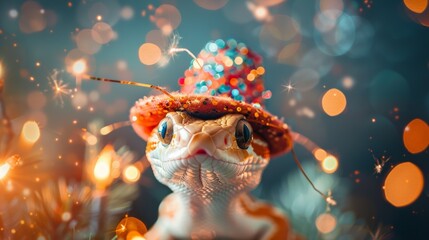 A snake in a New Year's hat. A festive atmosphere.