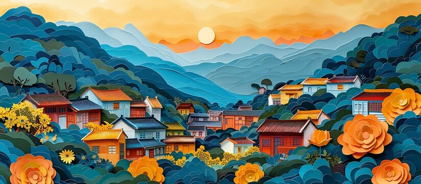 Beautifully detailed paper cut artwork of Busan's Gamcheon Culture Village, capturing the colorful houses and artistic charm of this unique neighborhood in a vibrant style. Illustration, Minimalism,