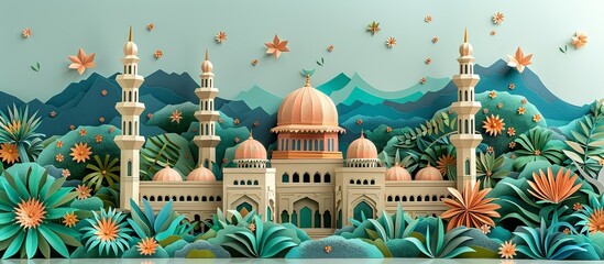 Wall Mural - Charming paper art scene of Muscatâ€™s Sultan Qaboos Grand Mosque, depicting the stunning architecture and lush gardens in a beautifully detailed and colorful style. Illustration, Minimalism,