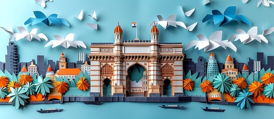 Wall Mural - Charming paper craft scene of Mumbai's Gateway of India, showcasing the historic monument against the bustling cityscape in a beautifully detailed and colorful paper art style. Illustration,