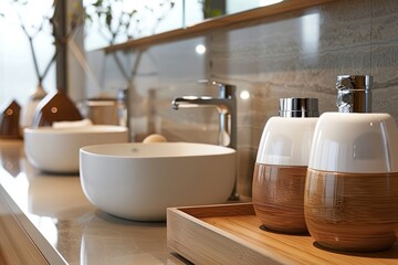Wall Mural - A stylish, eco-friendly soap dispenser made of recycled materials, set on a clean, minimalist sink