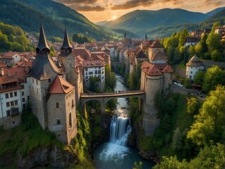 Wall Mural - A beautiful landscape of a medieval town with a river running through it. AI.