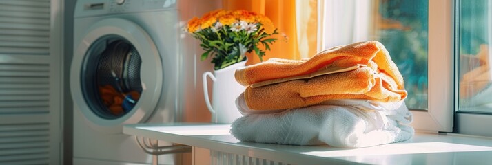 Poster - Neatly folded laundry sits on a countertop next to a white washing machine in a sunny kitchen. Generative AI