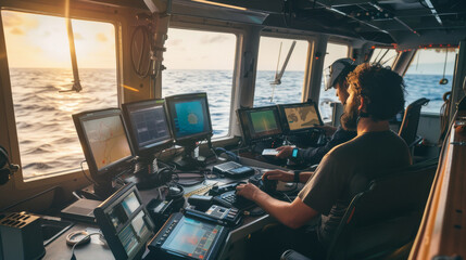 Wall Mural - Navigating through modern technology, two operators control a ship's course against a breathtaking sunset over the expansive ocean.