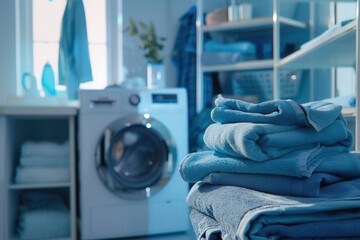 Poster - A stack of freshly folded towels sits in front of a washing machine in a laundry room. Generative AI