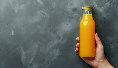 Wall Mural - A hand holding a bottle of orange juice. AI.