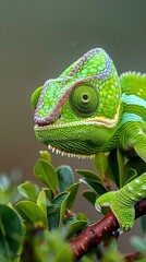 Poster - A bright green chameleon is perched on a branch, looking out at the world with its big, curious eyes. AI.