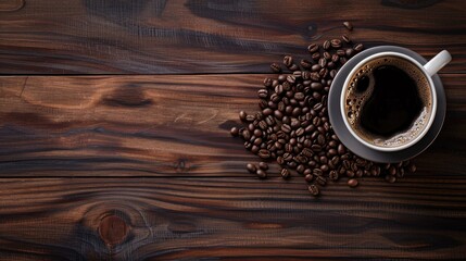 Wall Mural - Coffee cup with hot coffee and beans on wooden table with copy space
