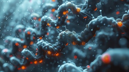 Poster - Abstract 3D render of a futuristic cellular structure, with glowing orange and white particles.