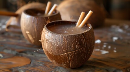 Close-up of a coconut shell filled with a brown drink and two straws.