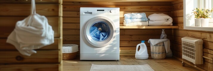 Poster - A washing machine is running in a wooden laundry room. Clean laundry is folded neatly on a shelf. Generative AI