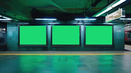 Front View of Three Billboard with Chroma Key Green Screen in the Subway