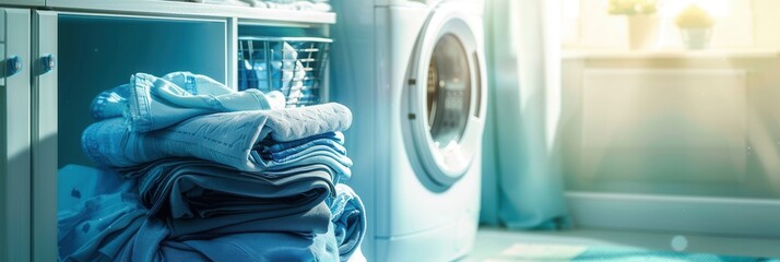 Poster - A stack of neatly folded clean laundry sits beside a washing machine in a bathroom. The laundry is folded and ready to be put away. Generative AI
