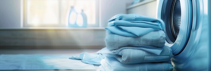 Poster - A stack of neatly folded clean laundry sits in front of a blue washing machine. The setting appears to be a bathroom with a window in the background. Generative AI
