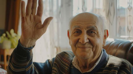 Wall Mural - A smiling elderly man waves warmly in a cozy room filled with natural light, radiating kindness and welcome.