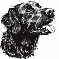 A black and white drawing of a golden retriever dog