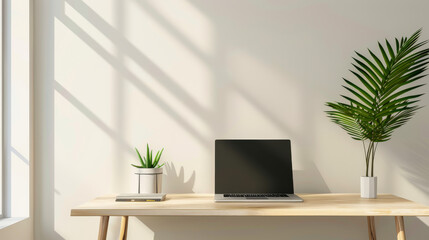 Sticker - A minimalist desk with a laptop and potted plants, bathed in sunlight, embodying simplicity, elegance, and a perfect setting for productive work.