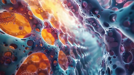Poster - Abstract 3D rendering of a cellular structure with a glowing orange and blue color scheme.