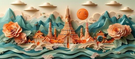 Wall Mural - Discover the intricate beauty of Bangkok with this detailed paper craft illustration, featuring iconic structures like Wat Arun and the Grand Palace amidst the cityâ€™s bustling atmosphere.