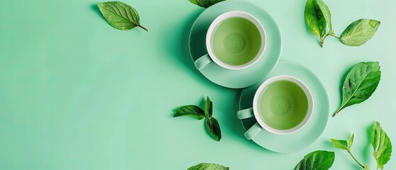 Two cups of green tea with fresh mint leaves on a pastel green background. Refreshing and healthy beverage presentation.