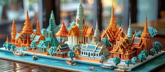 Sticker - Immerse in the beauty of Bangkok with this detailed paper craft, showcasing the city's iconic temples, bustling street markets, and modern architectural wonders. Illustration, Minimalism,