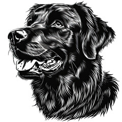A black and white drawing of a golden retriever dog