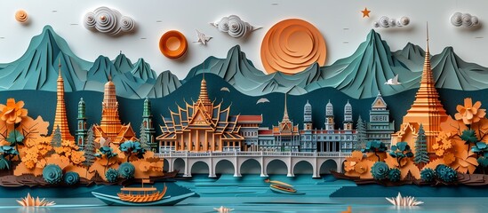 Wall Mural - This best-selling paper craft illustration of Bangkok captures the essence of the city with detailed depictions of its famous landmarks and lively street scenes. Illustration, Minimalism,